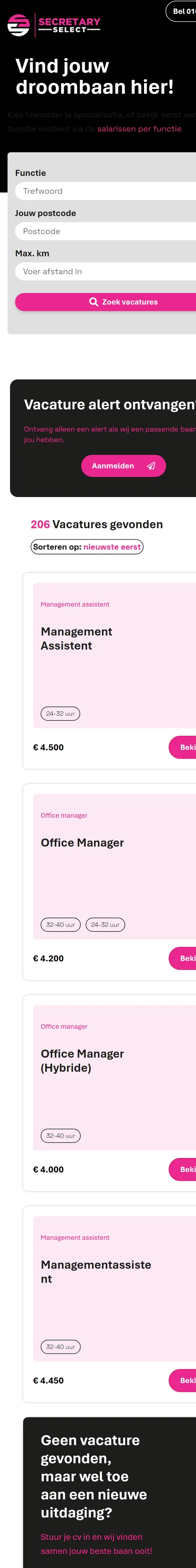 De website van SECRETARY SELECT op een telefoon