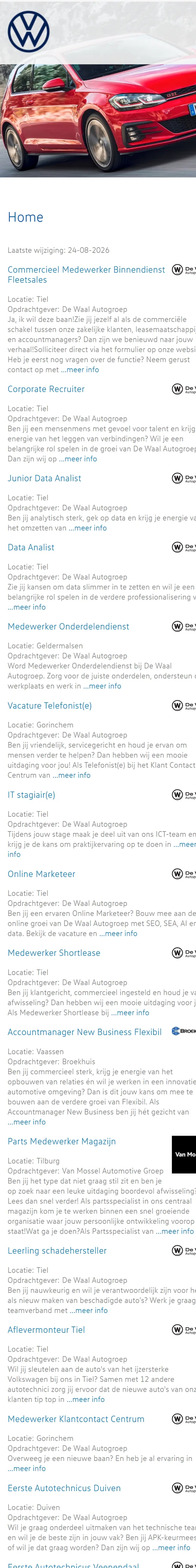 De website van VW op een telefoon