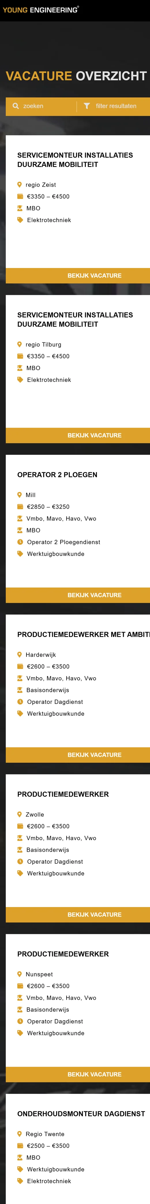 De website van YE op een telefoon